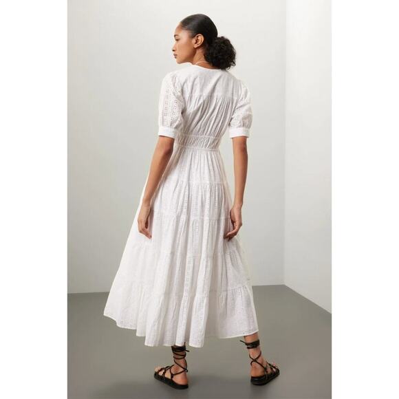 Joe’s Jeans Illana Broderie Dress White Eyelet V-Neck Midi Cotton Sz L - Picture 3 of 8